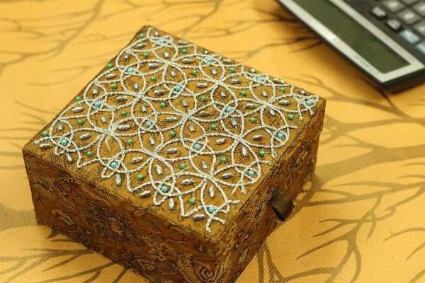 5 x 5 x 2.5 inch Gold Embroidered Floral Zari Box