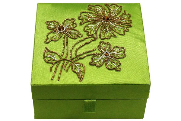 5 x 5 x 2.5 inch Green Embroidered Floral Zari Box