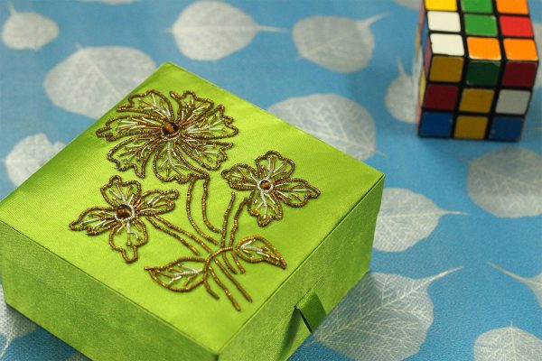 5 x 5 x 2.5 inch Green Embroidered Floral Zari Box