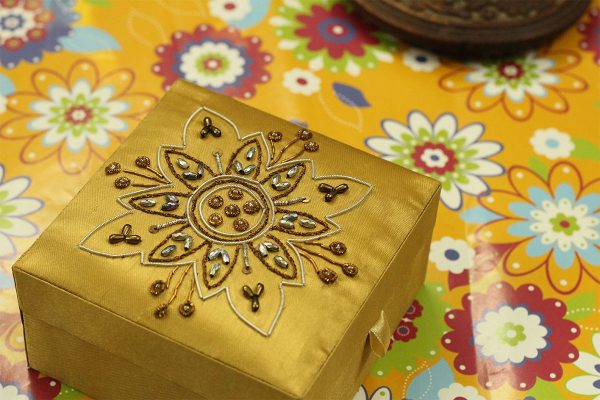 5 x 5 x 2.5 inch Gold Embroidered Floral Zari Box